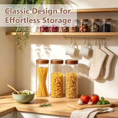 KEYWING 64 fl.oz Pasta Containers Set of 3, Glass Spaghetti Container Storage with Airtight Acacia Wood Lid, Tall Food Storage Jars, Clear Pantry Organizers for Cereal, Bread-sticks, Noodles - size: 64 Fl.oz