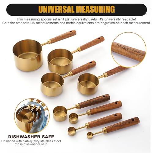 SHIKORI Gold Measuring Cups and Spoons Set with Wood Handles, Premium Stainless Steel Measuring Spoons and Measuring Cups Set-Gold - color: Gold