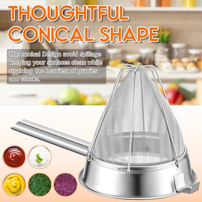 SiliFine Stainless Steel Reinforced Bouillon Sieve Strainer Cone Fine Mesh Strainer with Handle and Rubber Pestle for Kitchen Food Cooking(8 Inch) - size: 8 Inch