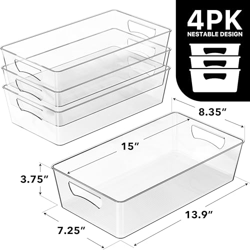 Simple Houseware 4 Pcs Kitchen Clear Bin Storage Organizer, 15" x 8" x 3.75" - size: 4 Pack - 15 x 8 x 3.75
