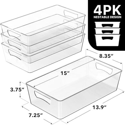 Simple Houseware 4 Pcs Kitchen Clear Bin Storage Organizer, 15" x 8" x 3.75" - size: 4 Pack - 15 x 8 x 3.75