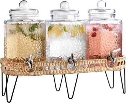 1.5 Gallon Glass Drink Dispenser for Parties 3 PACK Beverage Dispensers with Stand, Glass Water Jug Dispenser, with 18/8 Stainless Steel Spigot, Great for Party, Wedding, Picnic, BBQ Wicker Design - color: 1.5 Gallon Clear 3 Pack