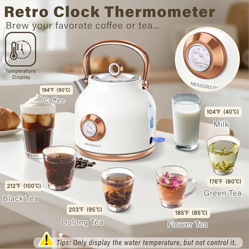 Retro Electric Kettle, 1.7L Stainless Steel Tea Kettle with Large Temperature Gauge, 1500W Fast Heating Hot Water Boiler with LED Indicator, Auto Shut-off & Boil-Dry Protection-Reteo White - color: Retro White