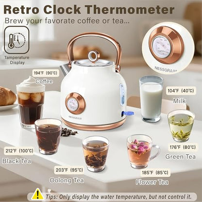 Retro Electric Kettle, 1.7L Stainless Steel Tea Kettle with Large Temperature Gauge, 1500W Fast Heating Hot Water Boiler with LED Indicator, Auto Shut-off & Boil-Dry Protection-Reteo White - color: Retro White