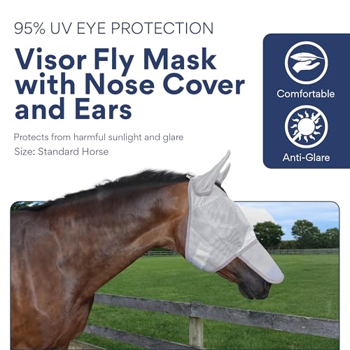Horse Fly Mask with Nose Cover and Ears - 95% UV Eye Protection - Built-in Visor - Breathable, Lightweight Mask - Adjustable Fit for Comfort Horse Medium/Large Size