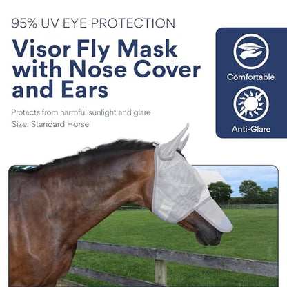Horse Fly Mask with Nose Cover and Ears - 95% UV Eye Protection - Built-in Visor - Breathable, Lightweight Mask - Adjustable Fit for Comfort Horse Medium/Large Size