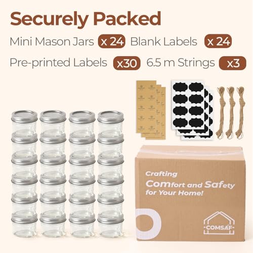ComSaf 4 oz Mason Jars Bulk Set, 24 Pack Regular Mouth Jars with Lids | BPA-Free Materials, Spice Rack, Small Jam, Honey Samples, Wedding Favors, DIY Candles, Labels and Twine - size: 4oz*24 regular mouth
