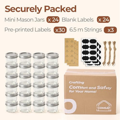 ComSaf 4 oz Mason Jars Bulk Set, 24 Pack Regular Mouth Jars with Lids | BPA-Free Materials, Spice Rack, Small Jam, Honey Samples, Wedding Favors, DIY Candles, Labels and Twine - size: 4oz*24 regular mouth