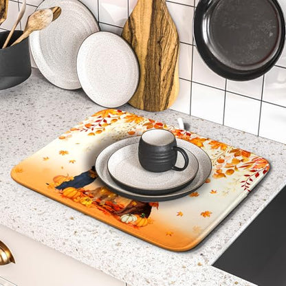 Giwawa Fall Dogs Dish Drying Mat Autumn Leaves Reusable Dishes Pad 16"x18" Holiday Microfiber Quick Dry Dish Drainer Rack Mat for Kitchen Counter - color: Fall Dogs, size: 16x18 inch