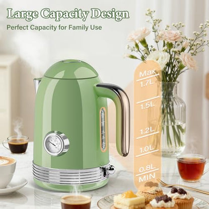 1.7L Electric Tea Kettle with Thermometer, 1500W Retro Stainless Steel Hot Water Kettle,Fast Boil Cordless Electric Kettle,Auto Shut-Off & Boil-Dry Protection