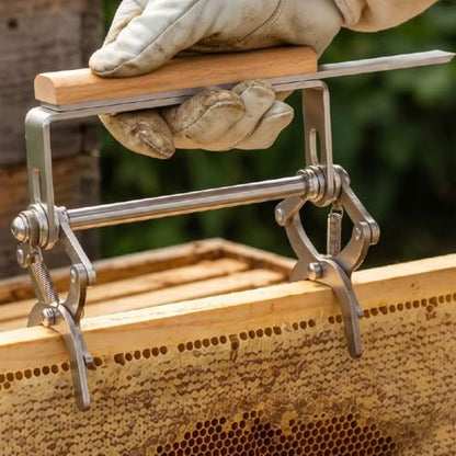 Fafeicy Beehive Frame Grip Tool, Beekeeping Frame Lifter for Secure Removal, Stainless Steel Jaws with Wooden Handle for Apiary Work