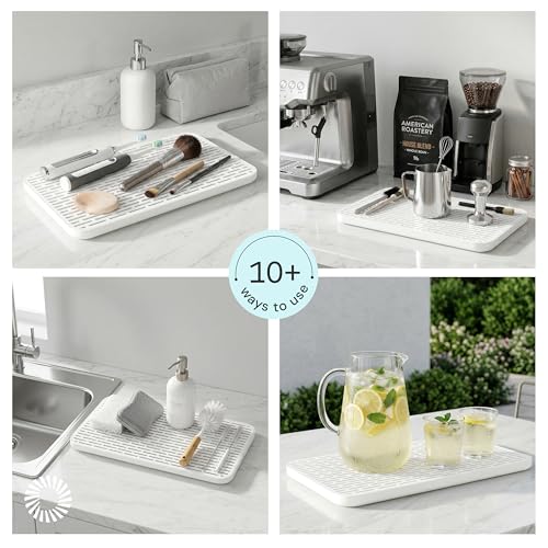 Deepstone 3-Layer Stone Dish Drying Mat for Kitchen Counter - Diatomaceous Earth Quick Dry Mat with Removable Plastic Topper and Non-Slip Base Pad, 16 x 9 in (White)