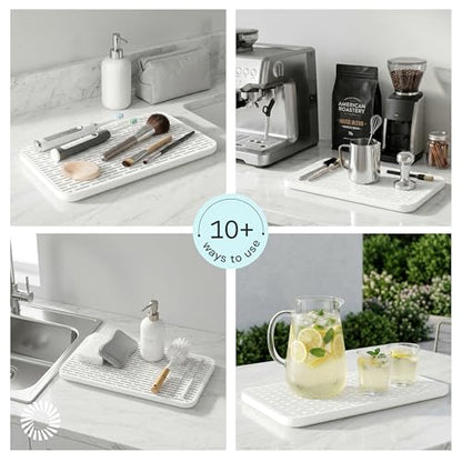 Deepstone 3-Layer Stone Dish Drying Mat for Kitchen Counter - Diatomaceous Earth Quick Dry Mat with Removable Plastic Topper and Non-Slip Base Pad, 16 x 9 in (White)