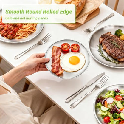 4 Stainless Steel Plates, 7.8 inch Small 201 Metal Camping Plate, Reusable Food Serving Dishes Snack Eating Round Shatterproof Brushed Finish Silver Dish for Dinner Oven Dishwasher Safe - size: 7.8"