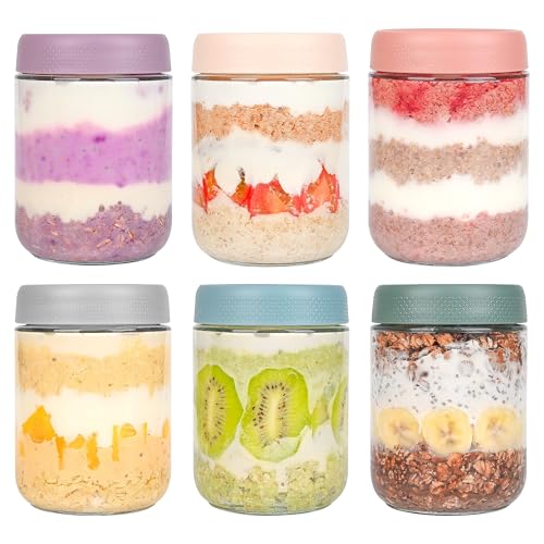 Xileanalee Overnight Oats Containers with Lids 6 Pack-16 Oz Mason Jar with Lids-Overnight Oats Jars Glass Food Storage Containers for Chia Seed Pudding Salad Cereal Coffee Spices - size: 6