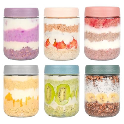 Xileanalee Overnight Oats Containers with Lids 6 Pack-16 Oz Mason Jar with Lids-Overnight Oats Jars Glass Food Storage Containers for Chia Seed Pudding Salad Cereal Coffee Spices - size: 6