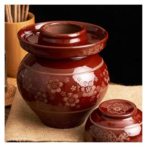 Red Traditional Chinese Porcelain Pickle Jar - Ceramic Fermentation Crock with Water Seal Airlock Lid for Kimchi and Sauerkraut