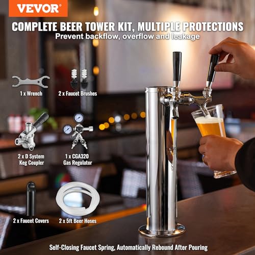 VEVOR Kegerator Tower Kit, Dual Taps Beer Conversion Kit, Stainless Steel Keg Beer Tower Dispenser with Dual Gauge CGA320 Regulator & D-System Keg Coupler, Self-Closing Spring for Party Bar Home - style: Dual Faucets Beer Tower