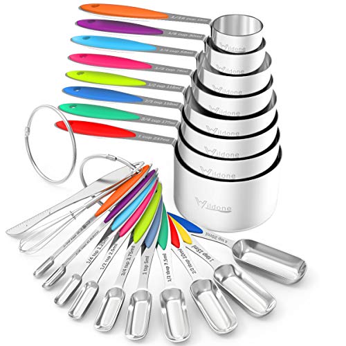 Measuring Cups and Spoons - Wildone Stainless Steel 20 Piece Stackable Set, Includes 8 Measuring Cups, 10 Measuring Spoons, 1 Leveler & 1 Whisk, for Dry and Liquid Ingredient - color: Multicolor, size: Set of 20
