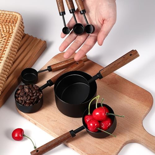 Stainless Steel Measuring Cups Set and Measuring Spoons Wooden Handle Metal Measure Cups and Spoons for Cooking and Baking, 8 Piece - color: Black