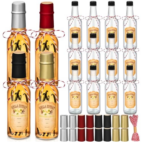 Tioncy 16 Pcs Empty Vanilla Extract Bottles for Homemade Vanilla Jar Glass Bottle with Cap, Shrink Band, Sticker DIY Crafts Wedding Gift Food Storage Canister for Bean(Multicolour,5 oz) - color: Multicolour, size: 5 oz
