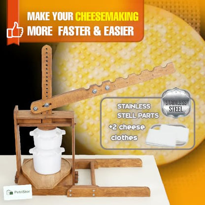 BIG Dutch Wooden Cheese Press - Cheese Making Kit (Wooden Cheese Press with Lever and 2 Cheese Molds 1,3 Qt, 2 Qt, 2 Cheeseclothes)-Cheese Press for Home Cheese Making pressure up to 400 lbs