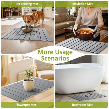 Large Stone Dish Drying Mat for Kitchen Counter, 24"(L)×16"(W), Collapsible Quick Dry Stone Dish Mats, Super Absorbent Diatomaceous Earth Drying Pad for Dishes Bottles Cups, Countertops (Light Grey) - color: Light Grey