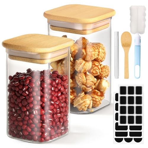 Square Glass Storage Jars Set of 2, 8 Fl.oz Glass Containers with Bamboo Lids, Clear Spice Jars Kitchen Pantry Canister for Candy Sugar Coffee Tea Oats - Included Labels, Spoon and Marker - color: 2 Pack, size: 8 fl.oz