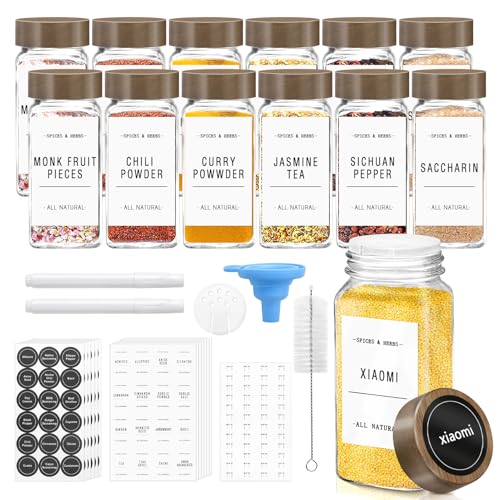 ZEHIQ 12Pcs 4oz Square Glass Spice Jars with Labels and Acacia Wood Lids | Food-Grade Seasoning Containers, Moisture-Proof, Shaker Lids, 268 Labels, Markers, Funnel, Brush, for Cabinet Drawer