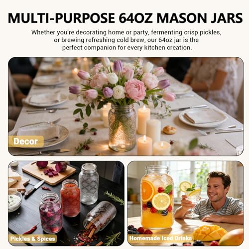 64oz Glass Mason Jars Wide Mouth 3-Pack with Airtight & Leakproof Lids | Half Gallon Canning Jars with Silver Split Lids, Large Containers for Pantry, Fermenting, Pickling, Cold Brew, DIY Projects - color: Clear01-64oz