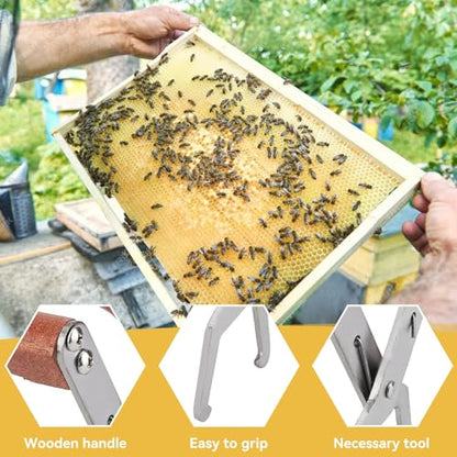 Bee Frame Clip, Stainless Steel Bee Frame Clamp with Wooden Handle Beekeeping Tools Frame Grip Holder for Beekeeper Supplies Beehive Equipment