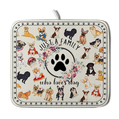 Lovely Dogs Dish Drying Mat Absorbent Printed Drying Pad for Kitchen Counter - color: Dog Family White, size: 18" x 16"