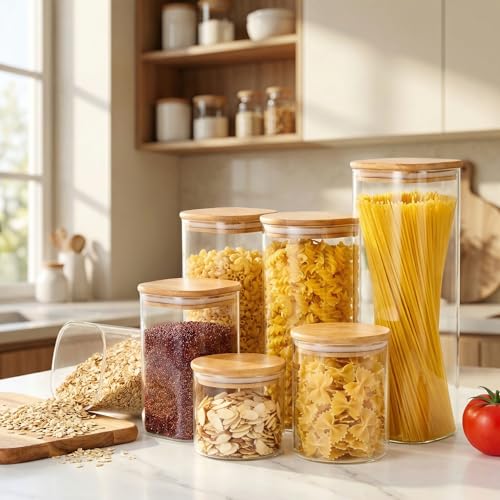 HomArtist Square Glass Jars with Bamboo Lids 79 FL OZ [Set of 3], Glass Canisters with Airtight Lid, Glass Food Storage Containers for Spaghetti, Fettuccine, Linguine,Pasta, Best for Kitchen & Pantry - color: Square 79OZ Set-3Pack
