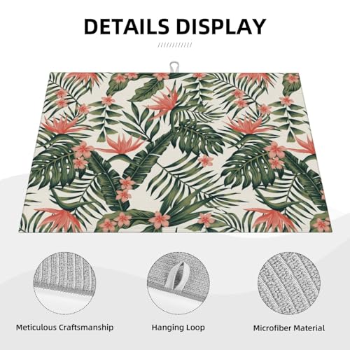 Tropical Green Palms Leaf Dish Drying Mat Pink Flower Hawaii Watercolor Floral Drying Rack Pad Countertop Dishes Ultra Absorbent Microfiber Kitchen Counter Mat 18x24 Inch - color: Green