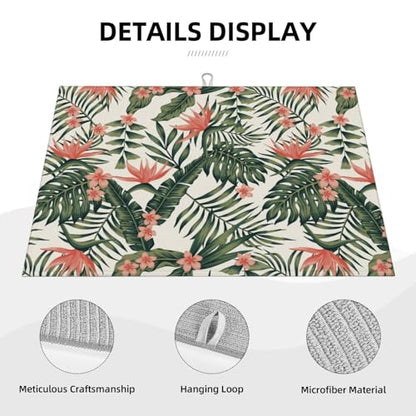 Tropical Green Palms Leaf Dish Drying Mat Pink Flower Hawaii Watercolor Floral Drying Rack Pad Countertop Dishes Ultra Absorbent Microfiber Kitchen Counter Mat 18x24 Inch - color: Green