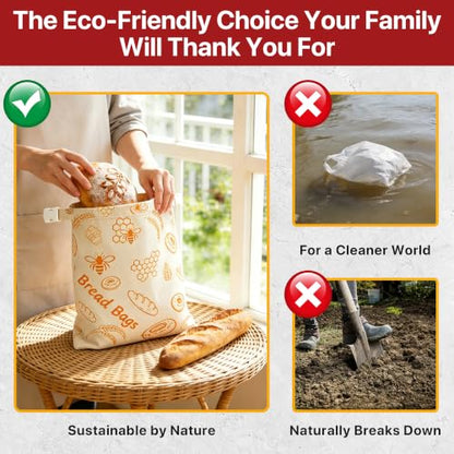 Reusable Beeswax Bread Bags Sourdough - Large Linen Bees Wax Bag for Storage Homemade Loaf - Cotton and Waxed Wrap Lined Container Lined for Sour Dough Fresh Food - Sealable Bread Keeper 2PK Set Gifts