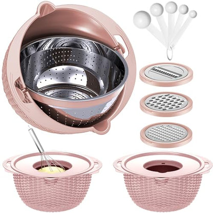4-1 Colander with Bowl & Spoons Set - Food Strainer with New Upgraded Graters & Spoons - Colanders for kitchen(Patented) - Strainer for Fruit Pasta Veggie, Funny Presents for Women, Pink - color: Pink