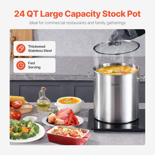 VEVOR Stainless Steel Stockpot, 24 Quart Cooking Pots, Cookware Sauce Pot with Lid, and Handle, Heavy Duty Commercial Grade Stock Pot, Sanding Treatment, for Steaming Boiling or Frying Silver - size: 24 Quarts