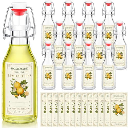 Havawish 12 Sets Limoncello Swing Top Glass Bottles for Homemade 8 oz Flip Clear Top Lemoncello Bottles with Labels Stoppers for Home Brewing Gifts Wedding Lemon Italian Summer Party Favors(Round) - style: Round