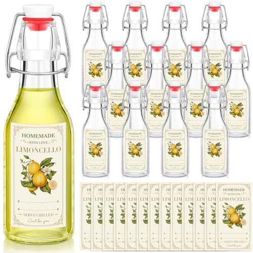 Havawish 12 Sets Limoncello Swing Top Glass Bottles for Homemade 8 oz Flip Clear Top Lemoncello Bottles with Labels Stoppers for Home Brewing Gifts Wedding Lemon Italian Summer Party Favors(Round) - style: Round