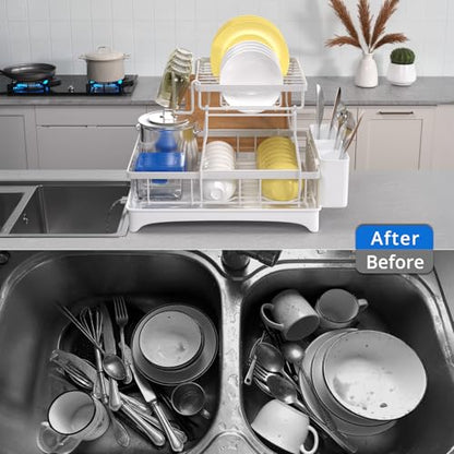 Godboat 2-Tier Dish Drying Rack - Dish Rack with Auto Drain-to-Sink & Mat | Dish Racks for Kitchen Counter, Dish Drainer with Knife Fork & Cup Rack, Gifts for Women, Mothers Day, Kitchen Gadgets, White - size: X-Large (2-Tier/White)