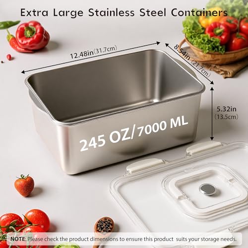 Freshmage 7000 ML / 245 oz /30 Cup Extra Large 304 Stainless Steel Food Storage Container with Lid & Handle – Oven Safe, BPA-Free Meal Prep for Roasting Chicken, Large Cuts of Meat, Bread & Fruits