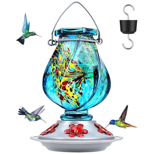 BOLITE Hummingbird Feeder, Hand Blown Glass Hummingbird Feeders for Outdoors Hanging with Ant Moat, 5 Bee-Proof Ports, Leak-Proof, 360° Perch, 22oz, Blue, Gifts for Women Men, Gifts for Mom Dad - color: Blue
