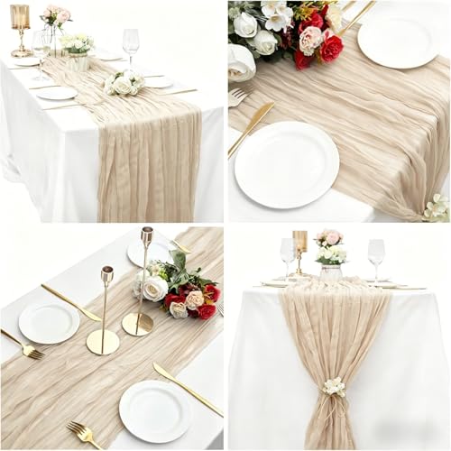16 Pack Beige Cheesecloth Table Runner 35x120 Inch Boho Gauze Cheese Cloth Table Runners, 10 FT Long Rustic Sheer Table Runners for Wedding Bridal Baby Shower Birthday Party Table Decorations - style: Beige