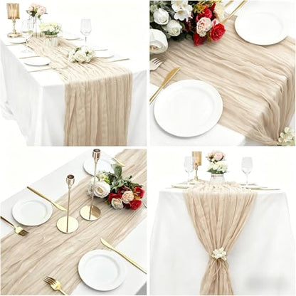16 Pack Beige Cheesecloth Table Runner 35x120 Inch Boho Gauze Cheese Cloth Table Runners, 10 FT Long Rustic Sheer Table Runners for Wedding Bridal Baby Shower Birthday Party Table Decorations - style: Beige