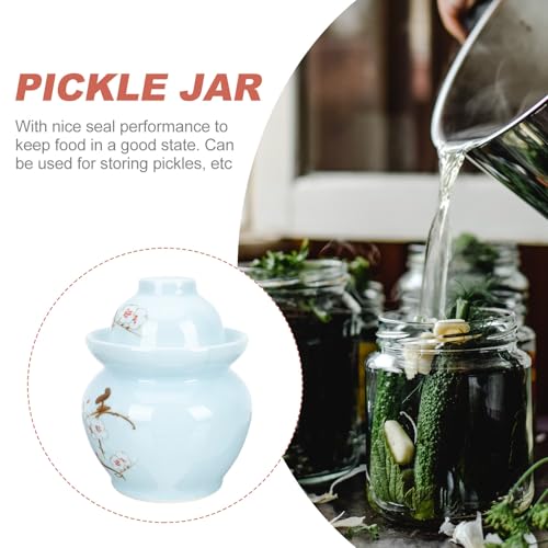 Ceramic Pickle Jar with Double Lids Sealed Food Container Blue Plum Pattern Traditional Household Sichuan Kimchi Sauerkraut Storage Crock for Kitchen Use