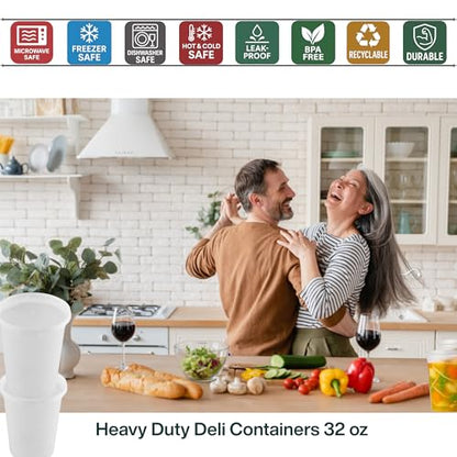 32oz [240 set] Heavy Duty Plastic Deli Container | BPA-Free Food Storage with Airtight Leak‑Proof Lids | Microwave, Freezer & Dishwasher Safe – Stackable, Bulk Reusable Soup & Meal Prep Tub