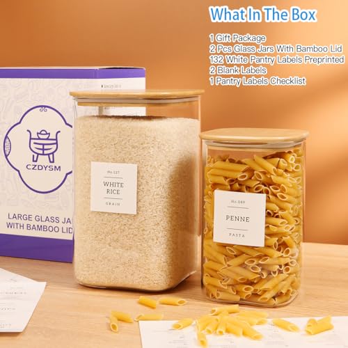 2 Pack large Square Glass Flour and Sugar Containers with 132 Kitchen Pantry Labels - 149 floz & 71 floz - Glass Jars with Airtight Bamboo Lid - Glass Rice Canisters for Coffee, Pasta, Cookie, Cereal - size: 149oz/71oz
