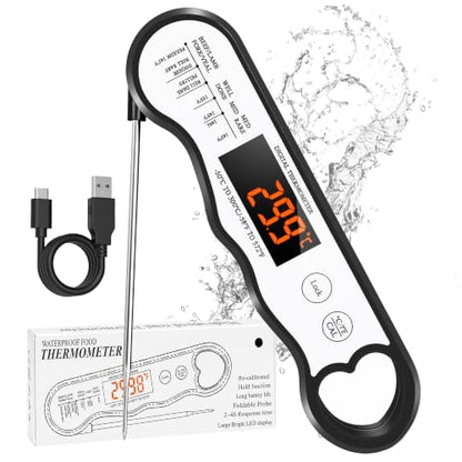 COOLMI Instant Read Meat Thermometer, 2-4 Sec, Waterproof, Rechargeable | Large Bright LED Display, Hold And Recalibration, Foldable Probe, Magnetic Storage And Up To 11 Hours Of Use - color: Rechargeable Model-Black