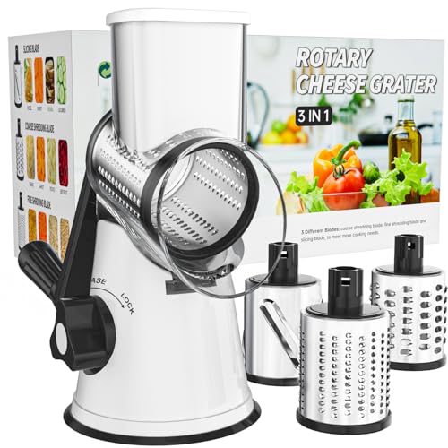 Cambom Rotary Cheese Grater Hand Crank Cheese Shredder for Fresh Cheese, Vegetable, Nuts,Non-slip Suction Base, Three Blades, Black White - color: White Black, size: 3 BLADES